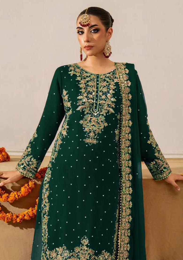 Bottle Green Sequence Work Georgette Sharara Dress - Indya