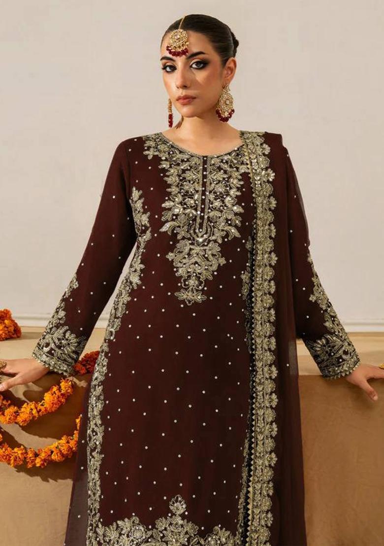 Chocolate Brown Sequence Work Georgette Sharara Dress - Indya
