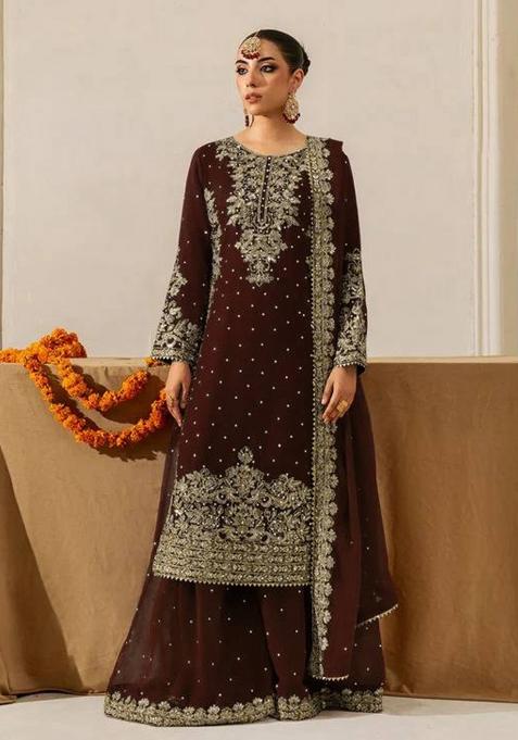 Chocolate Brown Sequence Work Georgette Sharara Dress