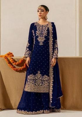 Navy Blue Sequence Work Georgette Sharara Dress