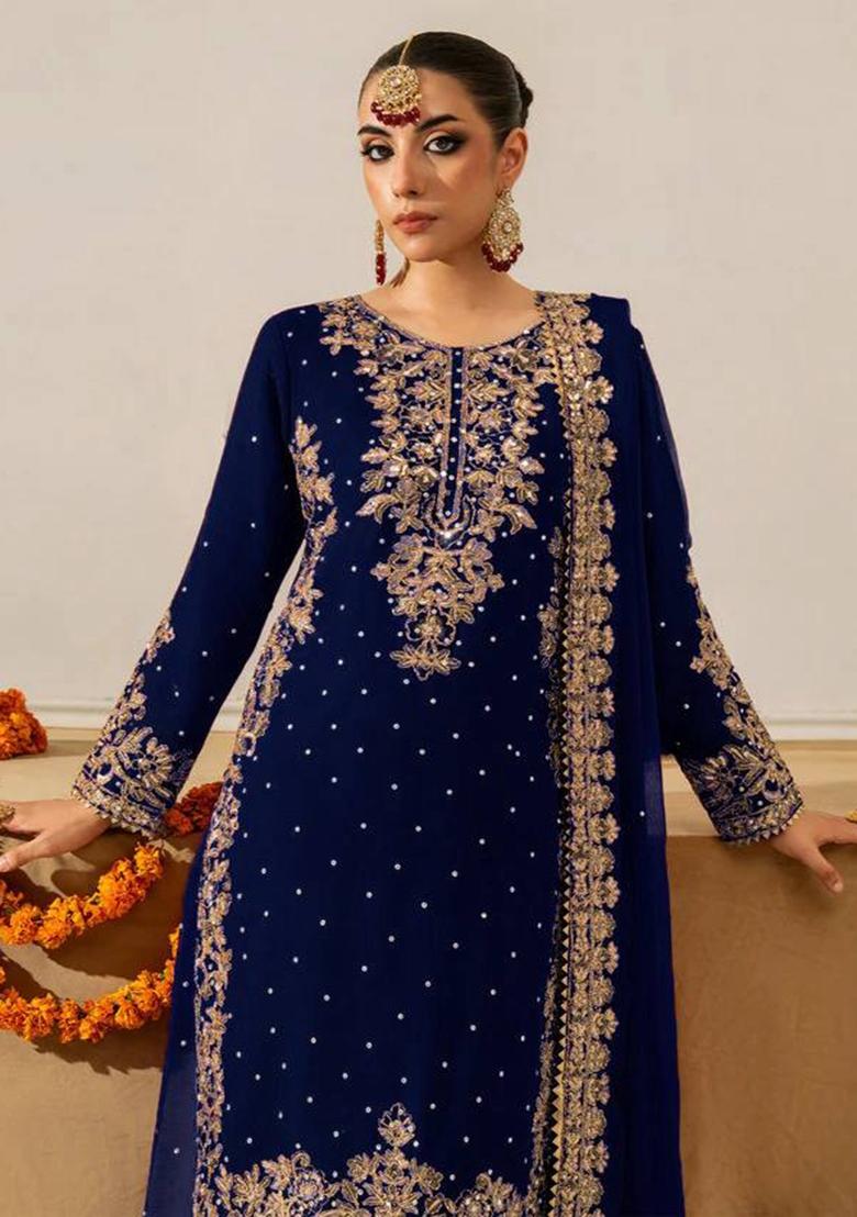 Navy Blue Sequence Work Georgette Sharara Dress - Indya