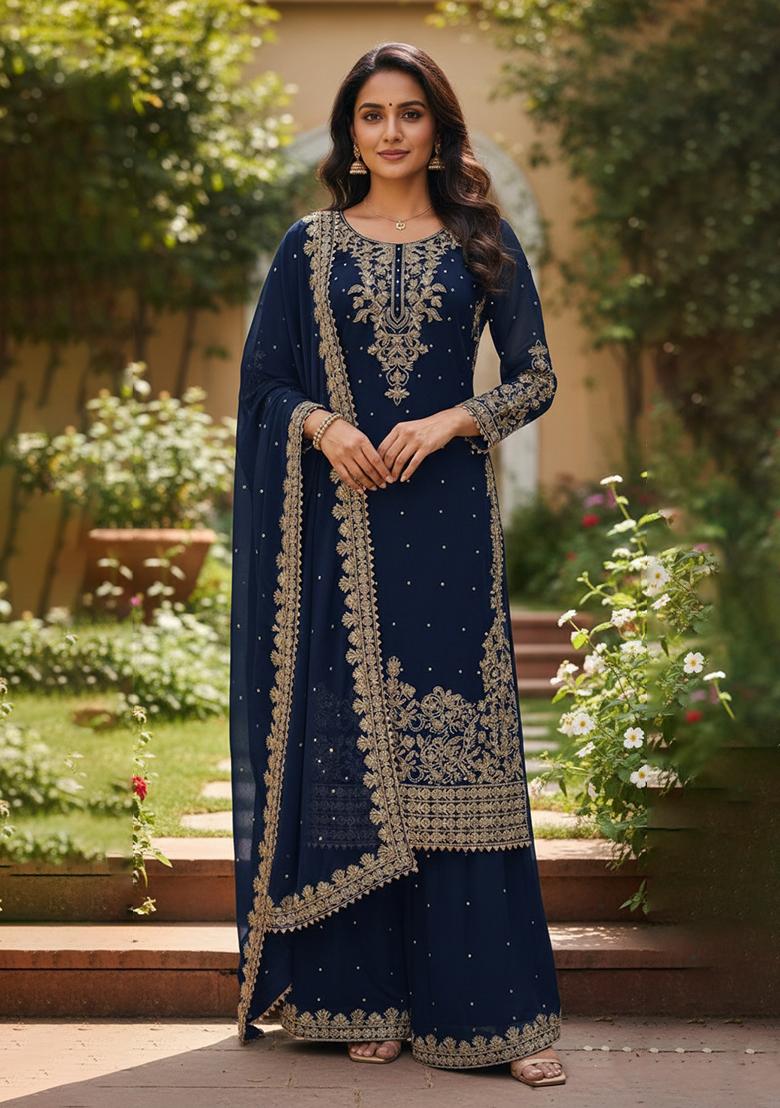 Navy Blue Sequence Work Georgette Sharara Dress - Indya