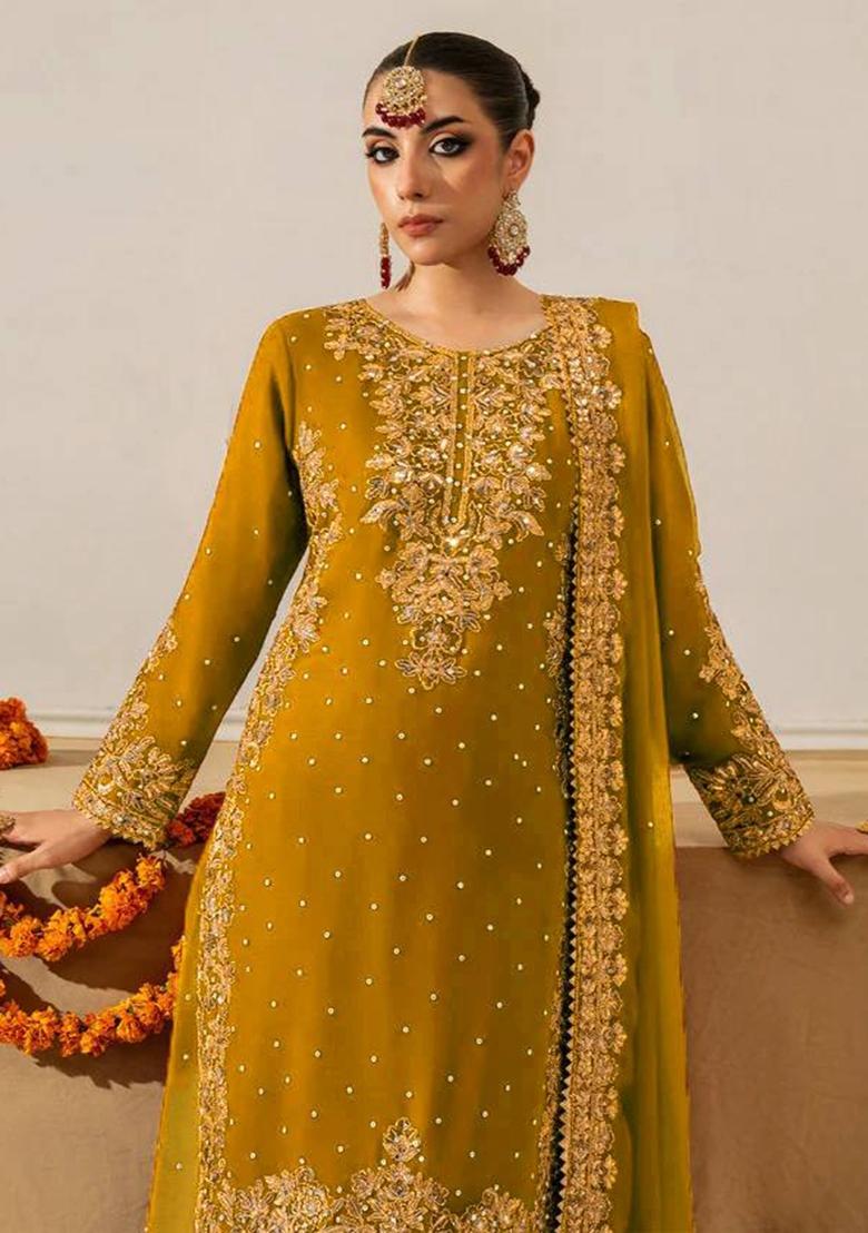 Mustard Sequence Work Georgette Sharara Dress - Indya