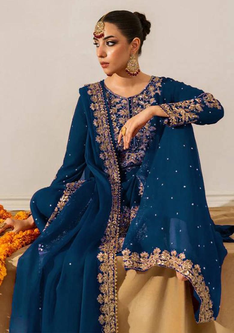 Teal Blue Sequence Work Georgette Sharara Dress - Indya
