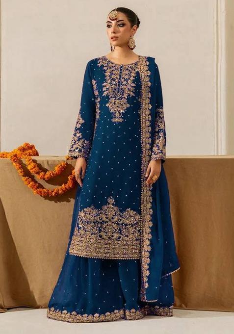 Teal Blue Sequence Work Georgette Sharara Dress