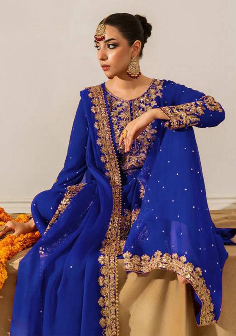 Royal Blue Sequence Work Georgette Sharara Dress - Indya