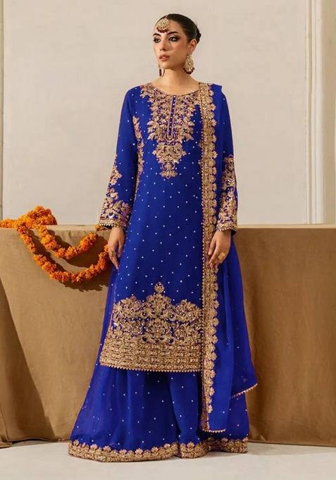 Royal Blue Sequence Work Georgette Sharara Dress