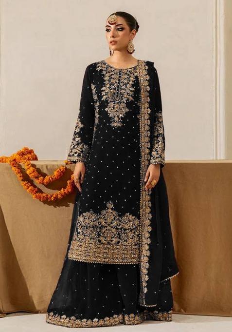 Black Sequence Work Georgette Sharara Dress