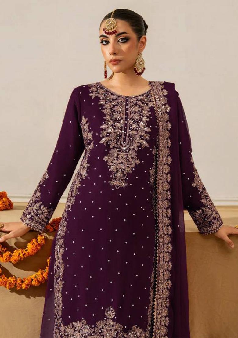 Wine Sequence Work Georgette Sharara Dress - Indya