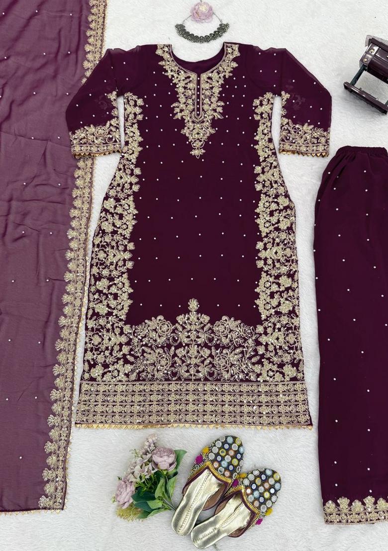 Wine Sequence Work Georgette Sharara Dress - Indya