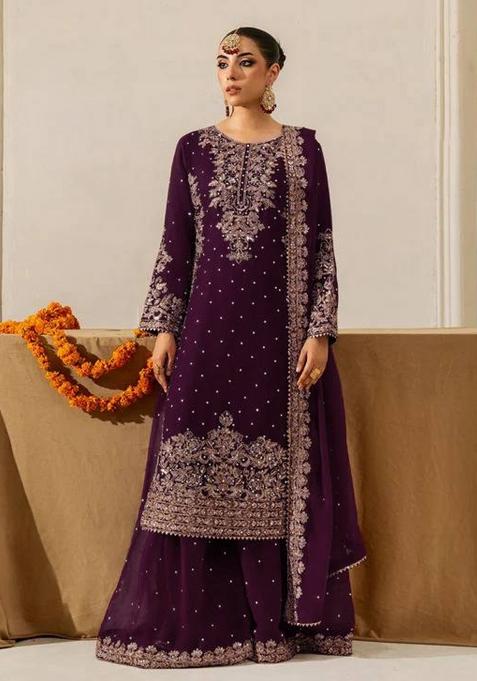 Wine Sequence Work Georgette Sharara Dress