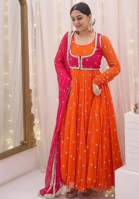 Orange Sequence Work Georgette Anarkali Set