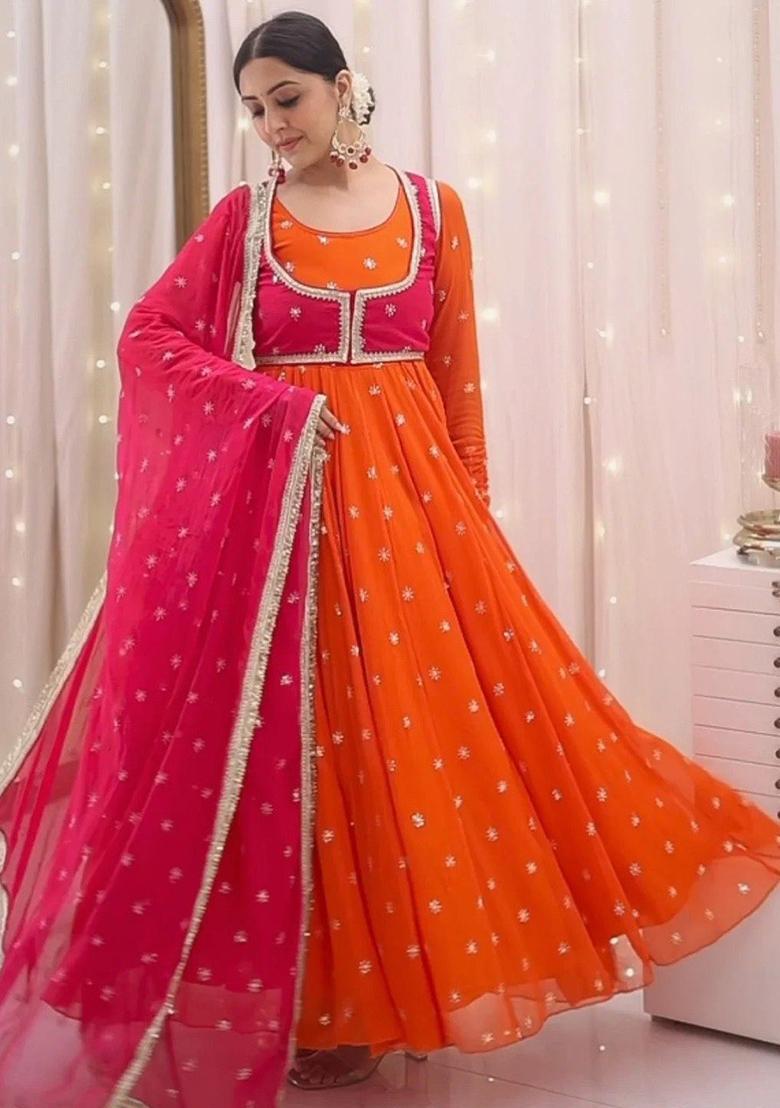 Orange Sequence Work Georgette Anarkali Set - Indya