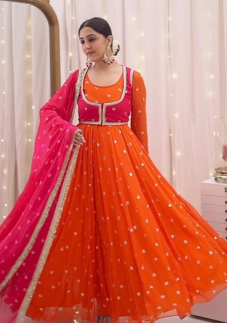 Orange Sequence Work Georgette Anarkali Set - Indya