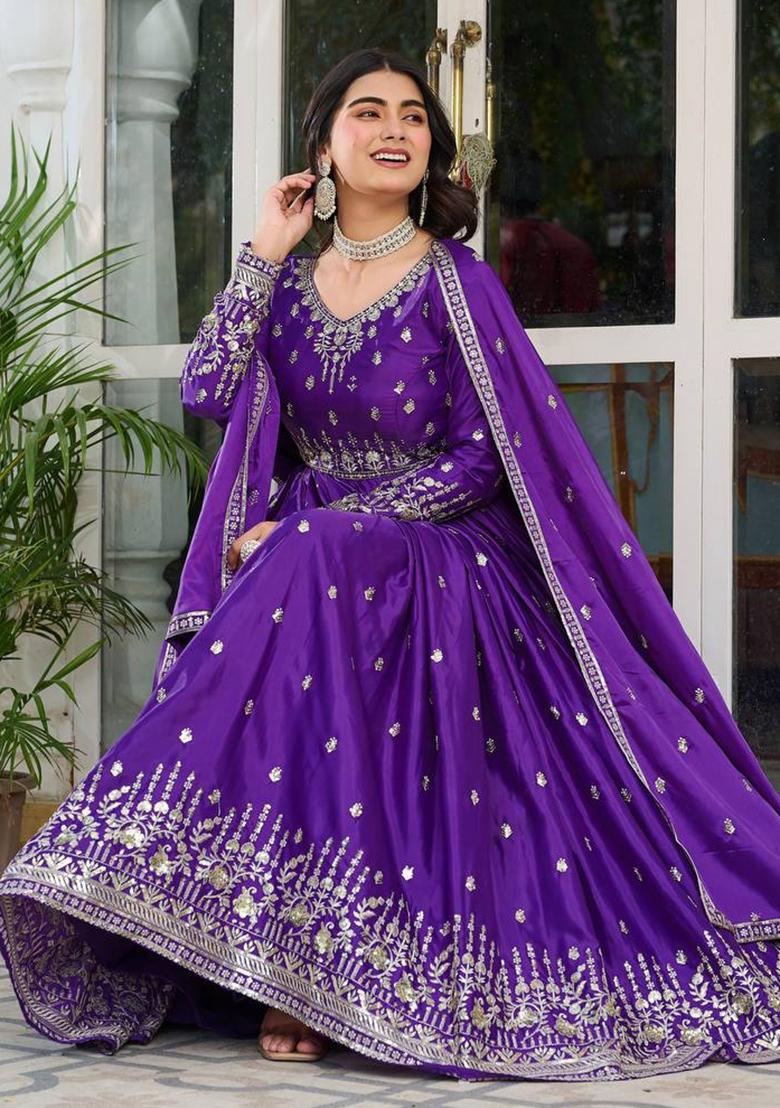Purple Sequence Work Silk Anarkali Set - Indya