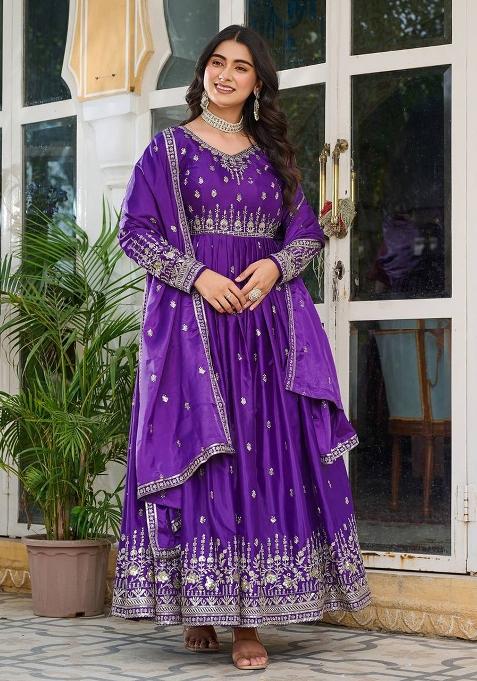Purple Sequence Work Silk Anarkali Set
