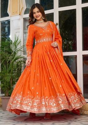 Orange Sequence Work Silk Anarkali Set