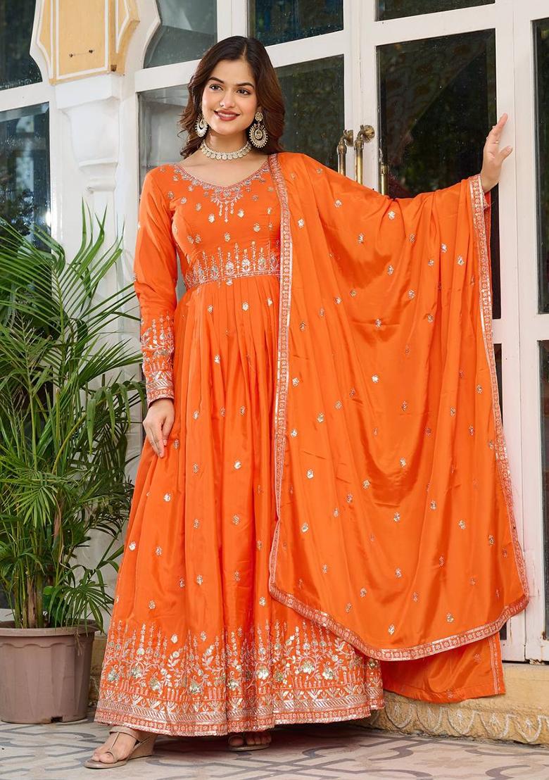 Orange Sequence Work Silk Anarkali Set - Indya
