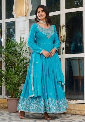 Sky Blue Sequence Work Silk Anarkali Set