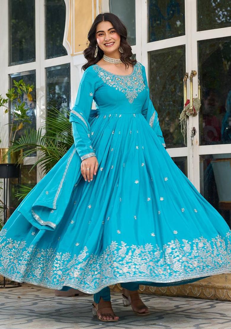 Sky Blue Sequence Work Silk Anarkali Set - Indya
