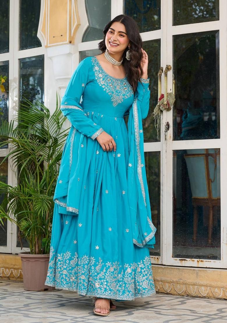 Sky Blue Sequence Work Silk Anarkali Set - Indya