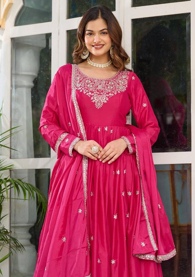 Pink Sequence Work Silk Anarkali Set - Indya