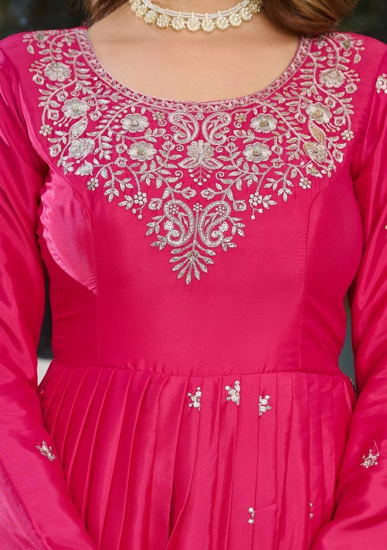 Pink Sequence Work Silk Anarkali Set - Indya