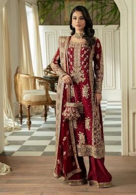 Maroon Thread And Sequence With Pearl Work Georgette Sharara Dress