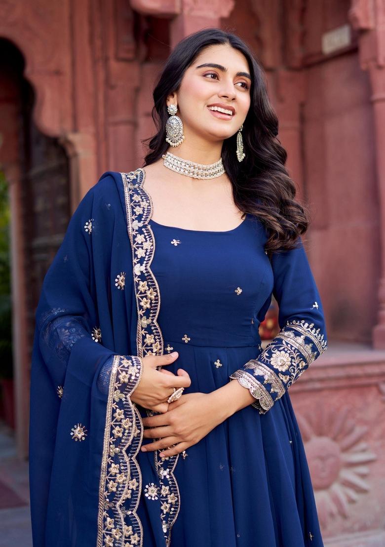 Blue Thread With Sequence Work Georgette Anarkali Set - Indya