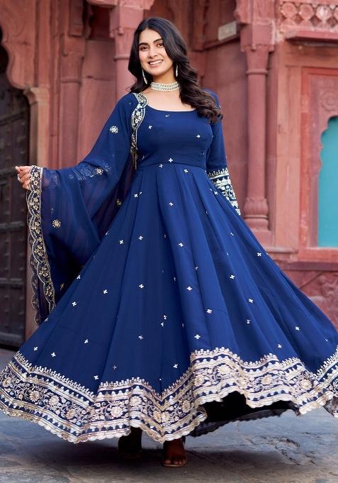 Blue Thread With Sequence Work Georgette Anarkali Set