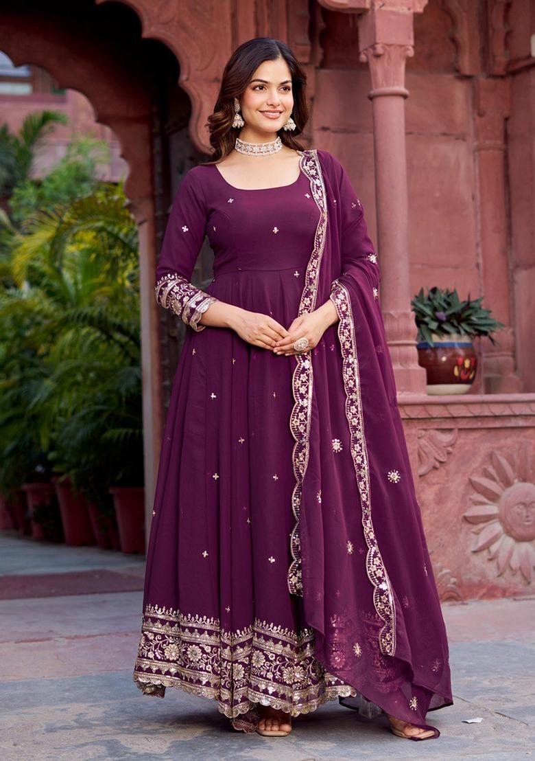 Wine Thread With Sequence Work Georgette Anarkali Set - Indya