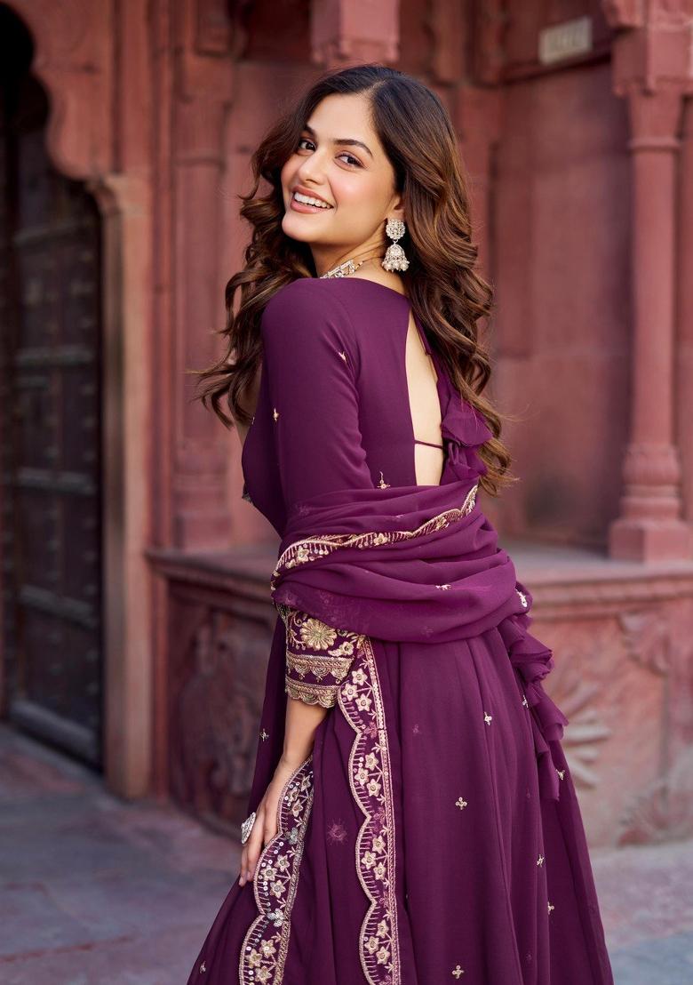 Wine Thread With Sequence Work Georgette Anarkali Set - Indya