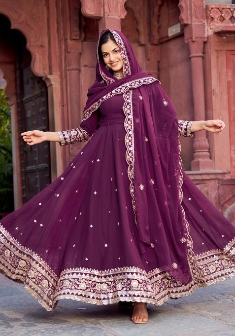 Wine Thread With Sequence Work Georgette Anarkali Set