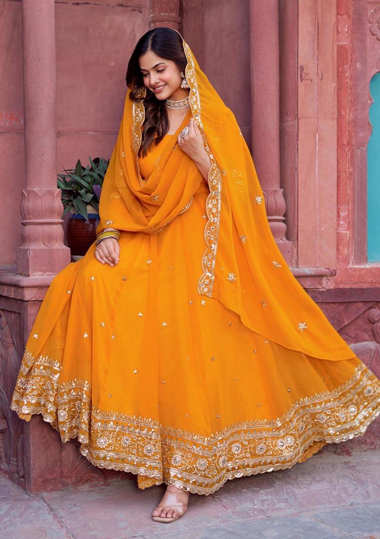 Mustard Thread With Sequence Work Georgette Anarkali Set - Indya