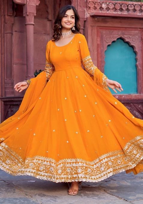 Mustard Thread With Sequence Work Georgette Anarkali Set