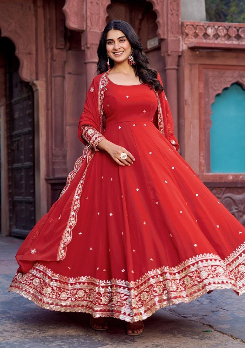 Red Thread With Sequence Work Georgette Anarkali Set - Indya