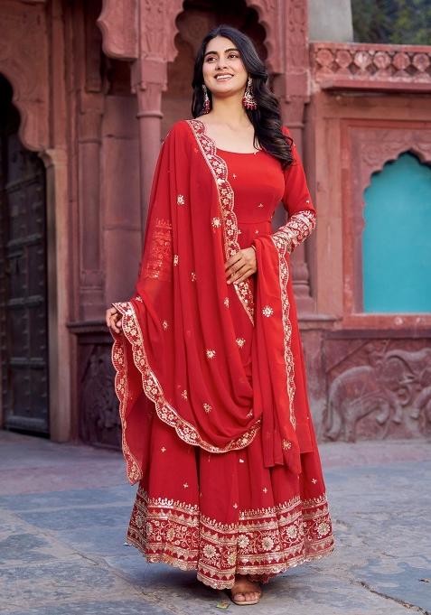 Red Thread With Sequence Work Georgette Anarkali Set