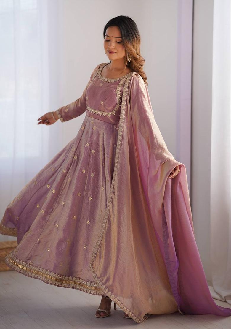 Dusty Pink Sequence Work Silk Anarkali Set - Indya