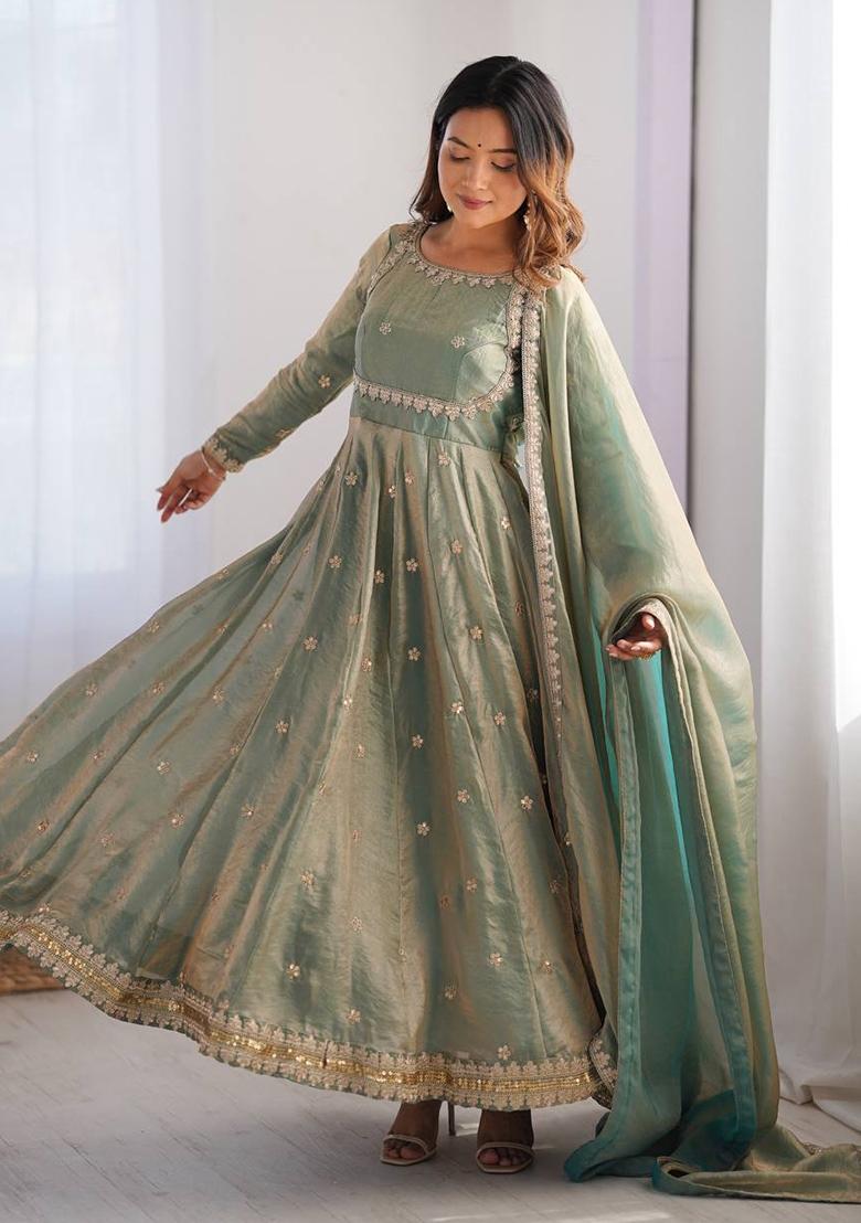 Sage Green Sequence Work Silk Anarkali Set - Indya