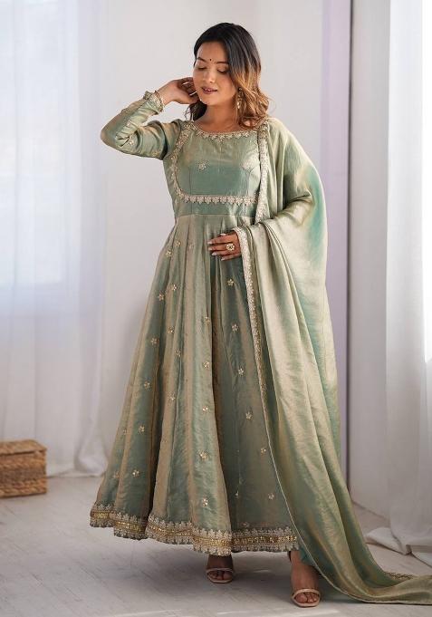 Sage Green Sequence Work Silk Anarkali Set
