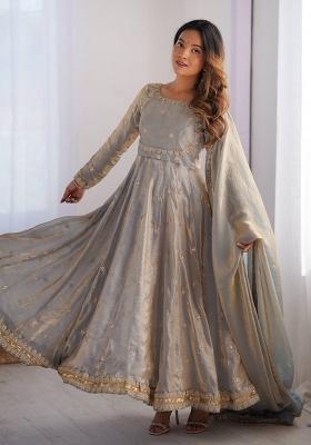 Smoke Grey Sequence Work Silk Anarkali Set