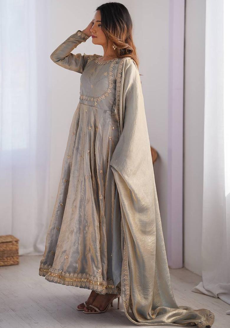 Smoke Grey Sequence Work Silk Anarkali Set - Indya