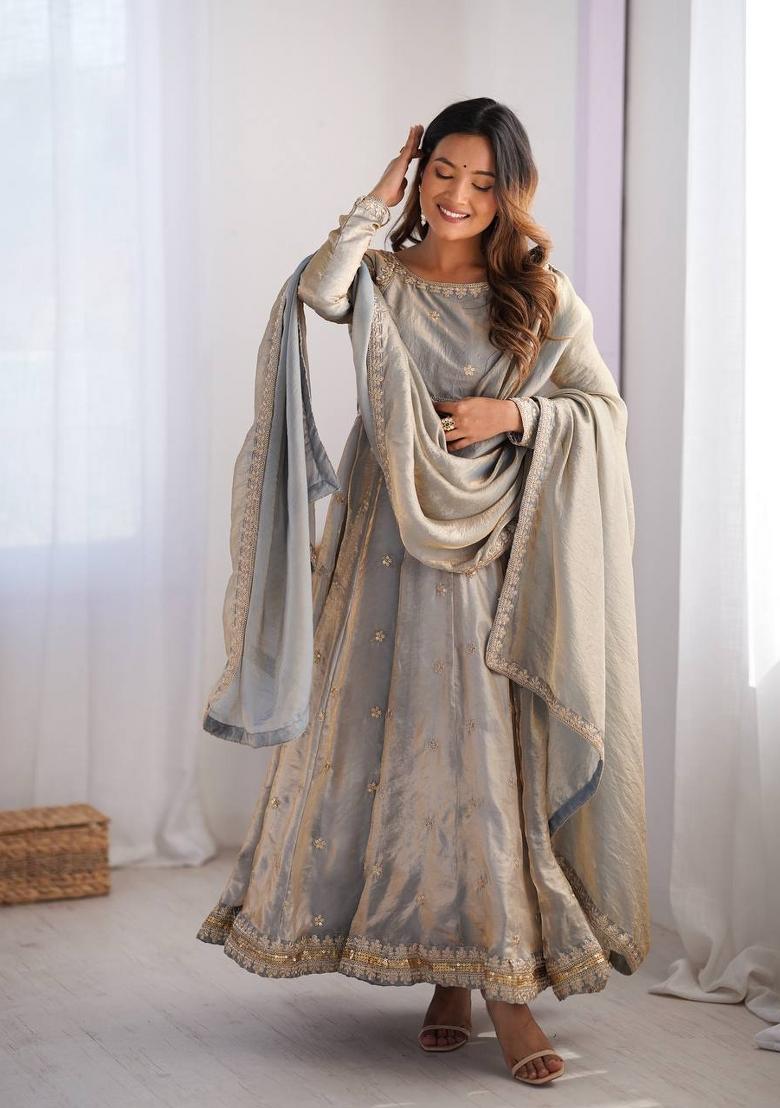 Smoke Grey Sequence Work Silk Anarkali Set - Indya