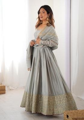 Grey Thread With Sequence Work Silk Anarkali Set