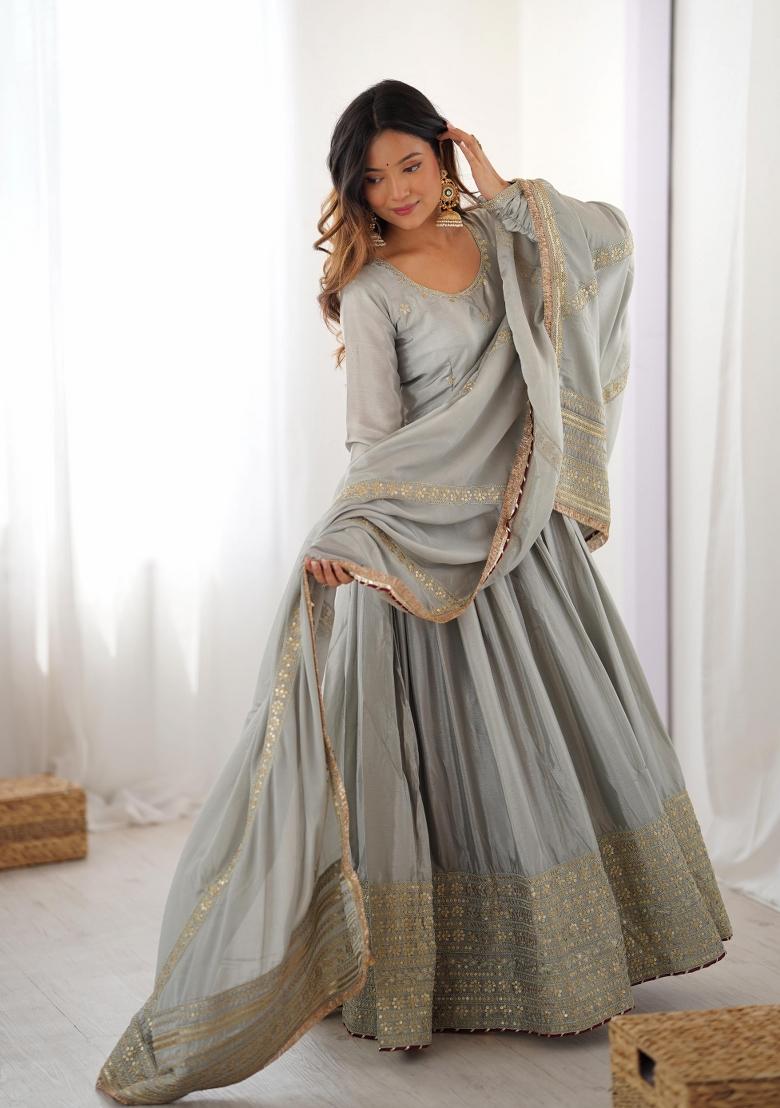 Grey Thread With Sequence Work Silk Anarkali Set - Indya
