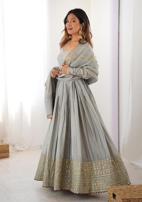 Grey Thread With Sequence Work Silk Anarkali Set