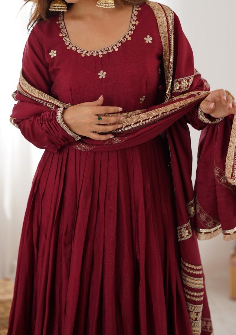 Maroon Thread With Sequence Work Silk Anarkali Set - Indya