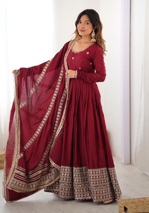 Maroon Thread With Sequence Work Silk Anarkali Set