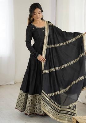Black Thread With Sequence Work Silk Anarkali Set