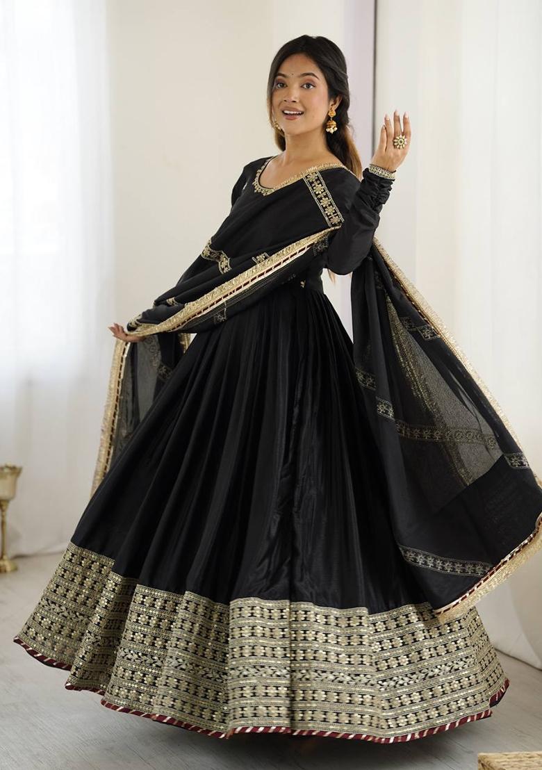 Black Thread With Sequence Work Silk Anarkali Set - Indya